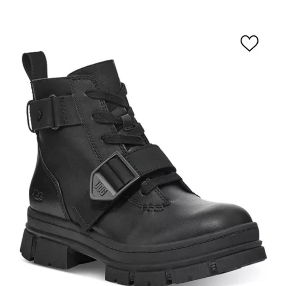 UGG Noe Black Leather Combat Moto Grunge Boots Lace/Zip Women's Size 6.5